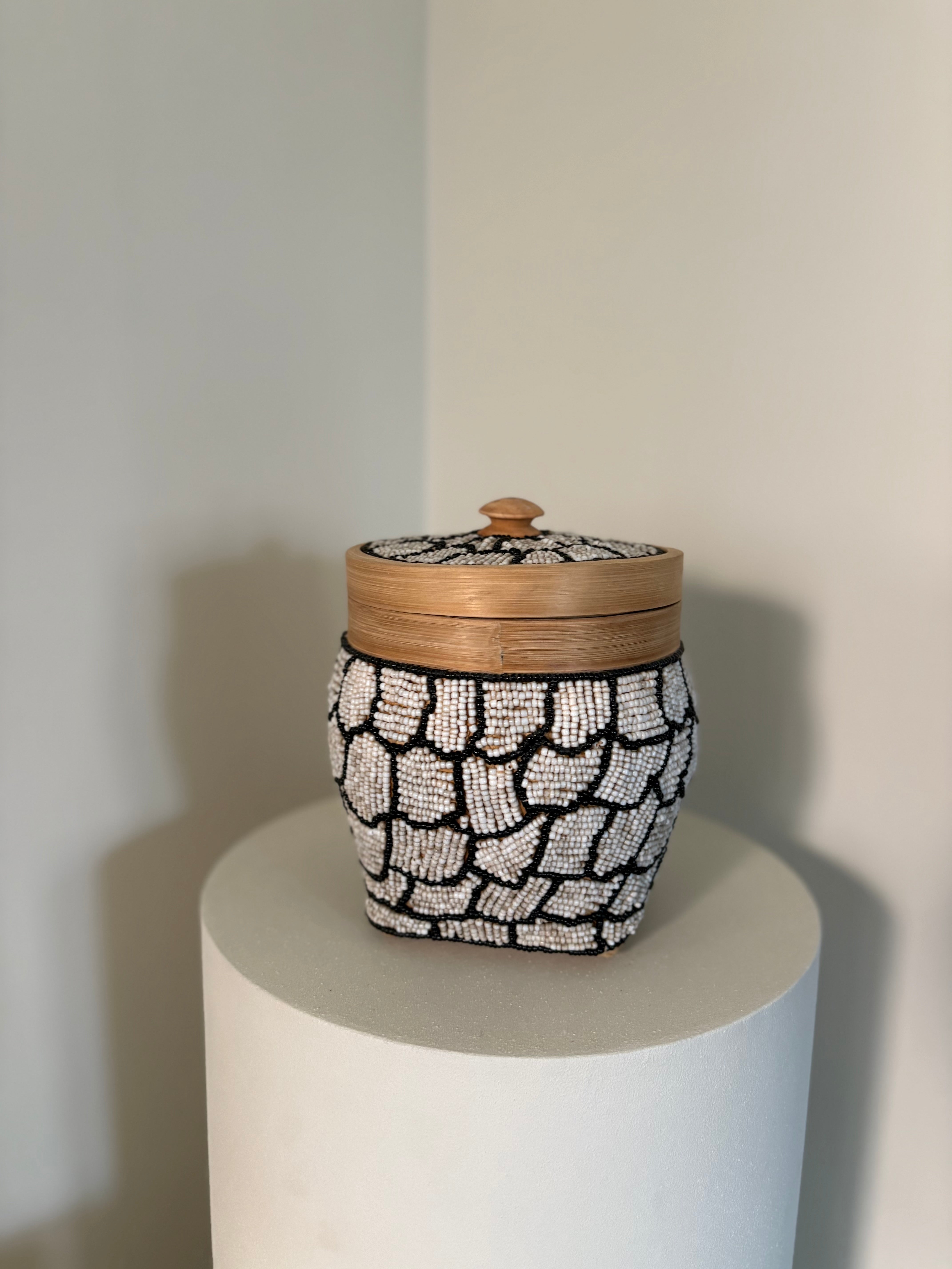 Decoratieve kralenpot | Snake print | Beige zwart | Handgemaakt