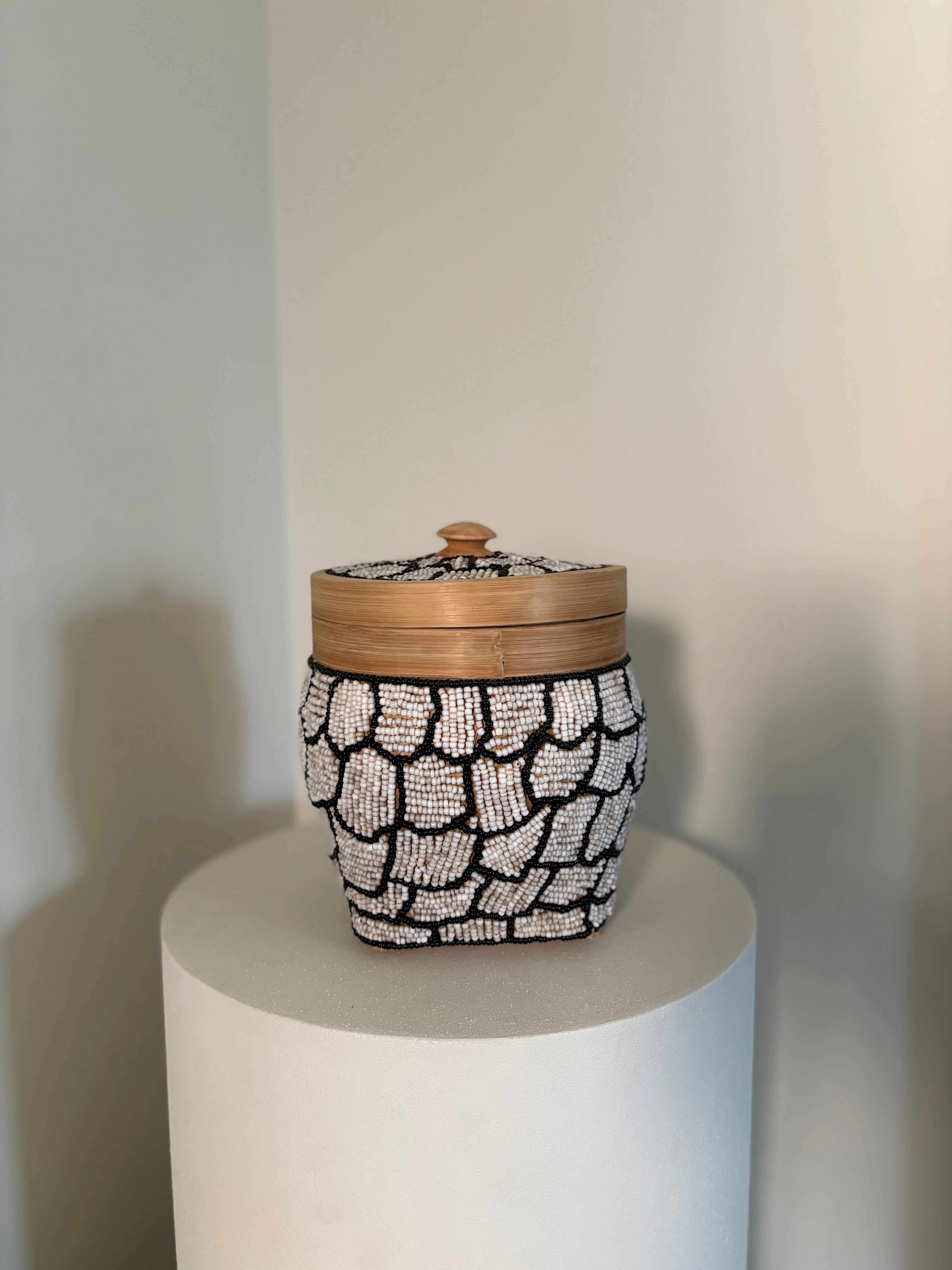 Decoratieve kralenpot | Snake print | Beige zwart | Handgemaakt
