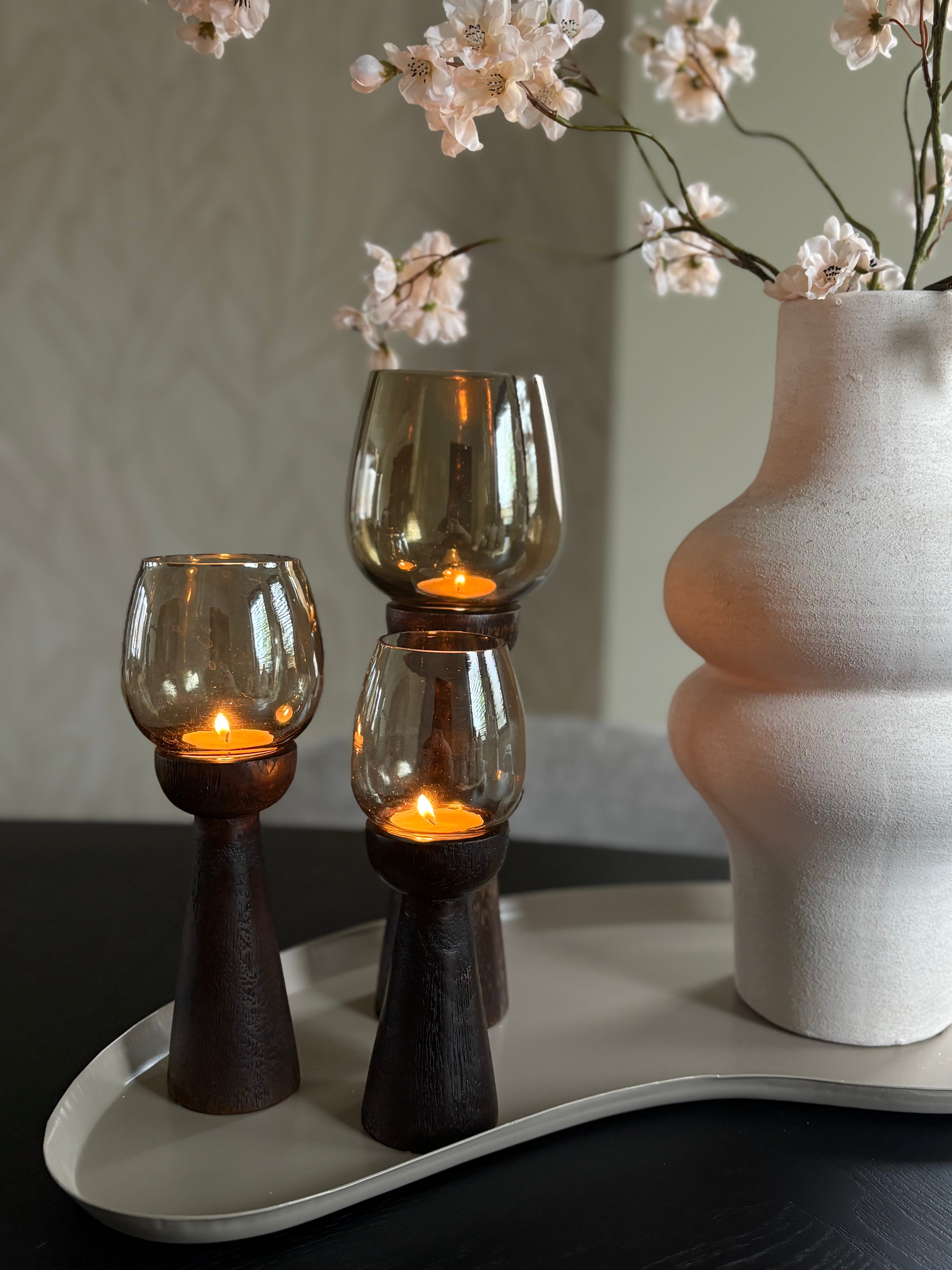 Kandelaar mango hout | Maat L | Japandi | Gold luster | 30cm