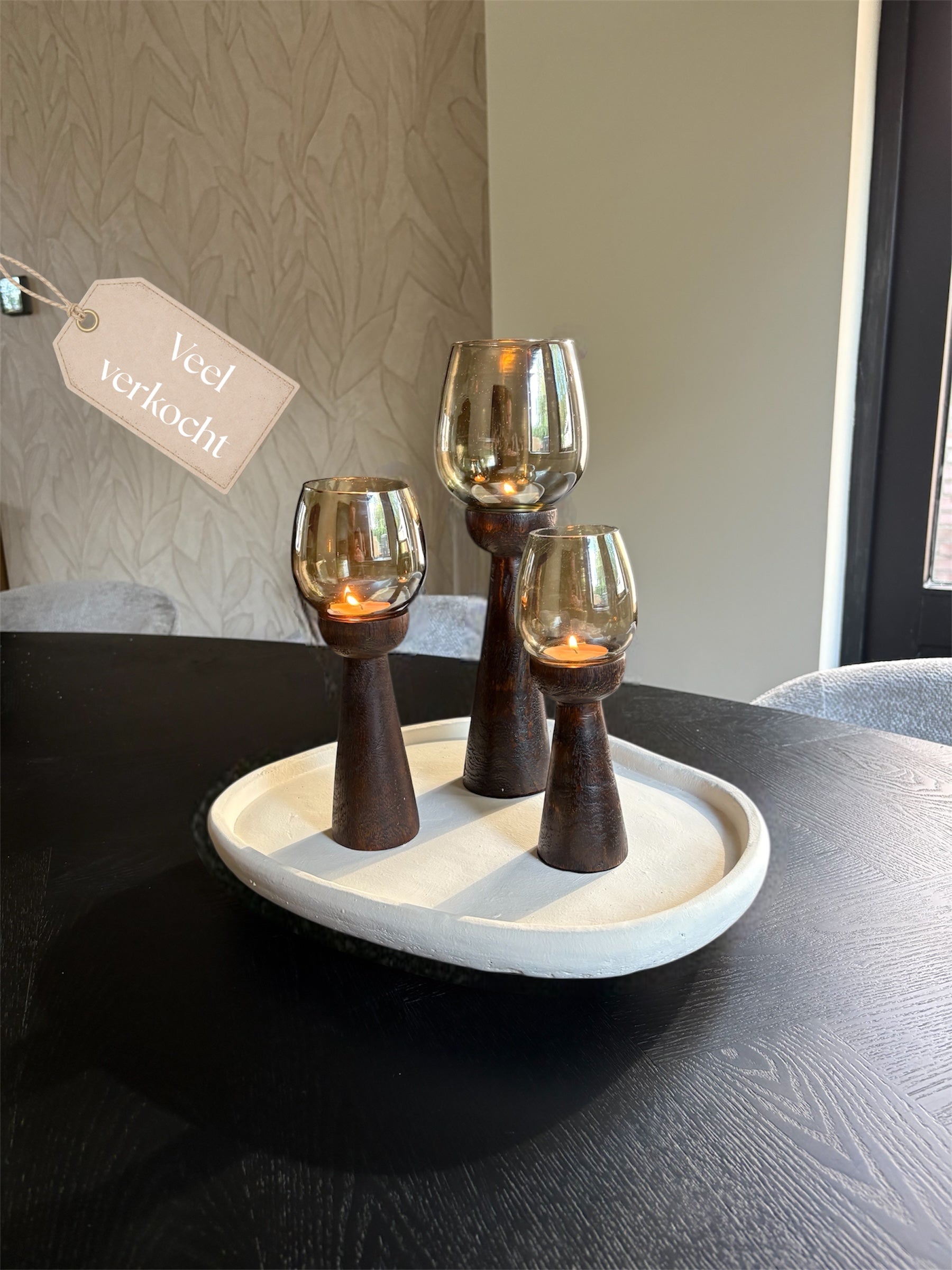 Kandelaar mango hout | Maat L | Japandi | Gold luster | 30cm