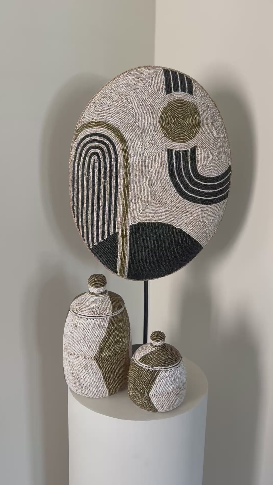 Load video: Beaded Shield | Handmade | Black/Beige/Gold Ornament | 70cm high